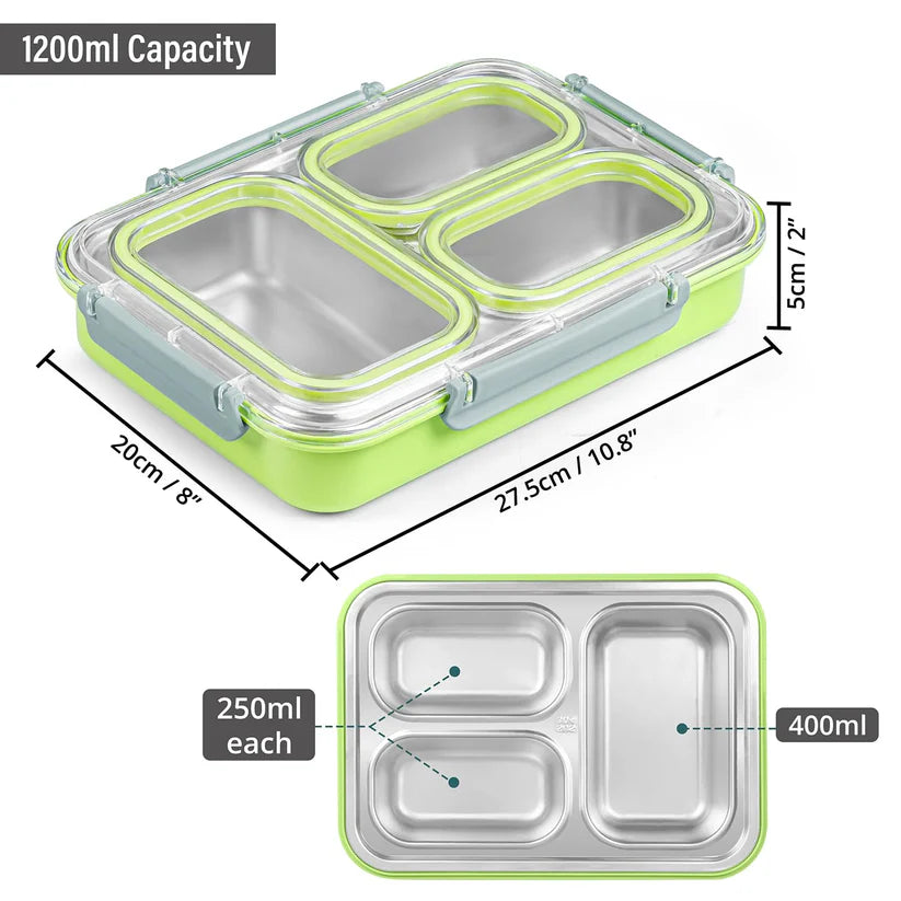 Executive Leakproof Bento Lunch Box, 3-compartment stainless steel design in green