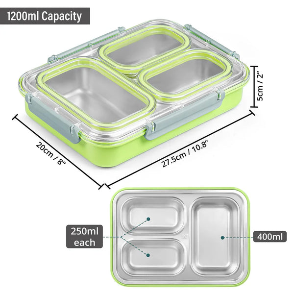Executive Leakproof Bento Lunch Box, 3-compartment stainless steel design in green