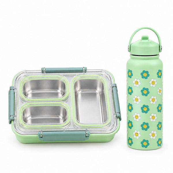 Executive Bundle – 1 Litre Stainless steel Bottle + Leakproof Bento Lunchbox (Green)