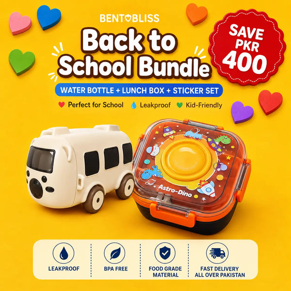 Back to School Bundle – Bus Water Bottle white  + Astro-Dino Lunchbox orange