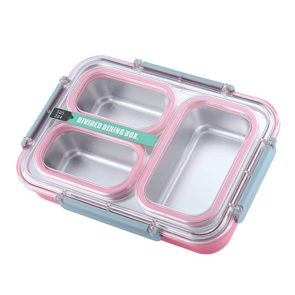 Executive Leakproof Bento Lunch Box, 3-compartment stainless steel design in pink