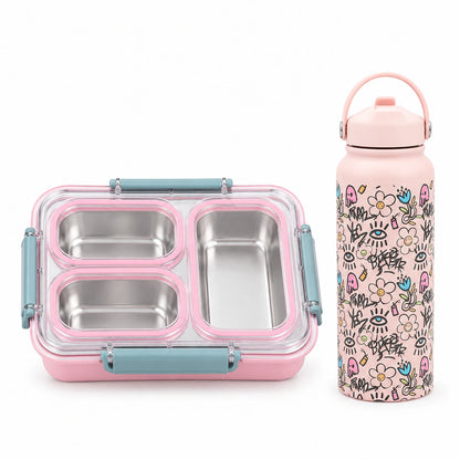 Executive Bundle – 1 Litre Stainless steel Bottle + Leakproof Bento Lunchbox (Pink)