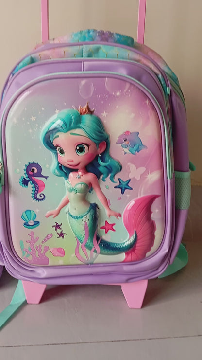 3D Mermaid theme Trolley School bag - Set of 3