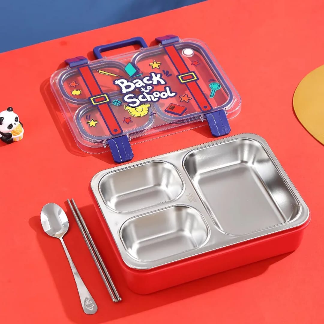 "3-compartment leakproof stainless steel munchbox in red for kids school lunch"
