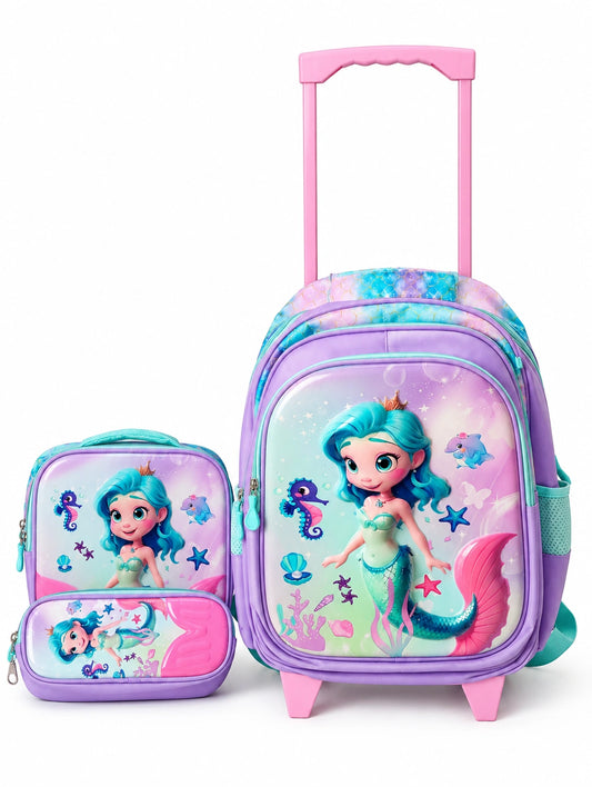 3D Mermaid theme Trolley School bag - Set of 3