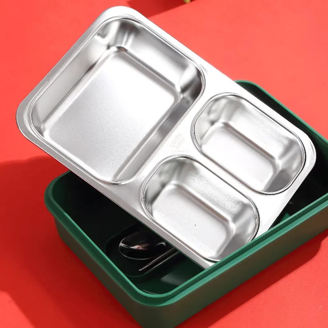 "3-compartment leakproof stainless steel munchbox in green, open showing compartments"

